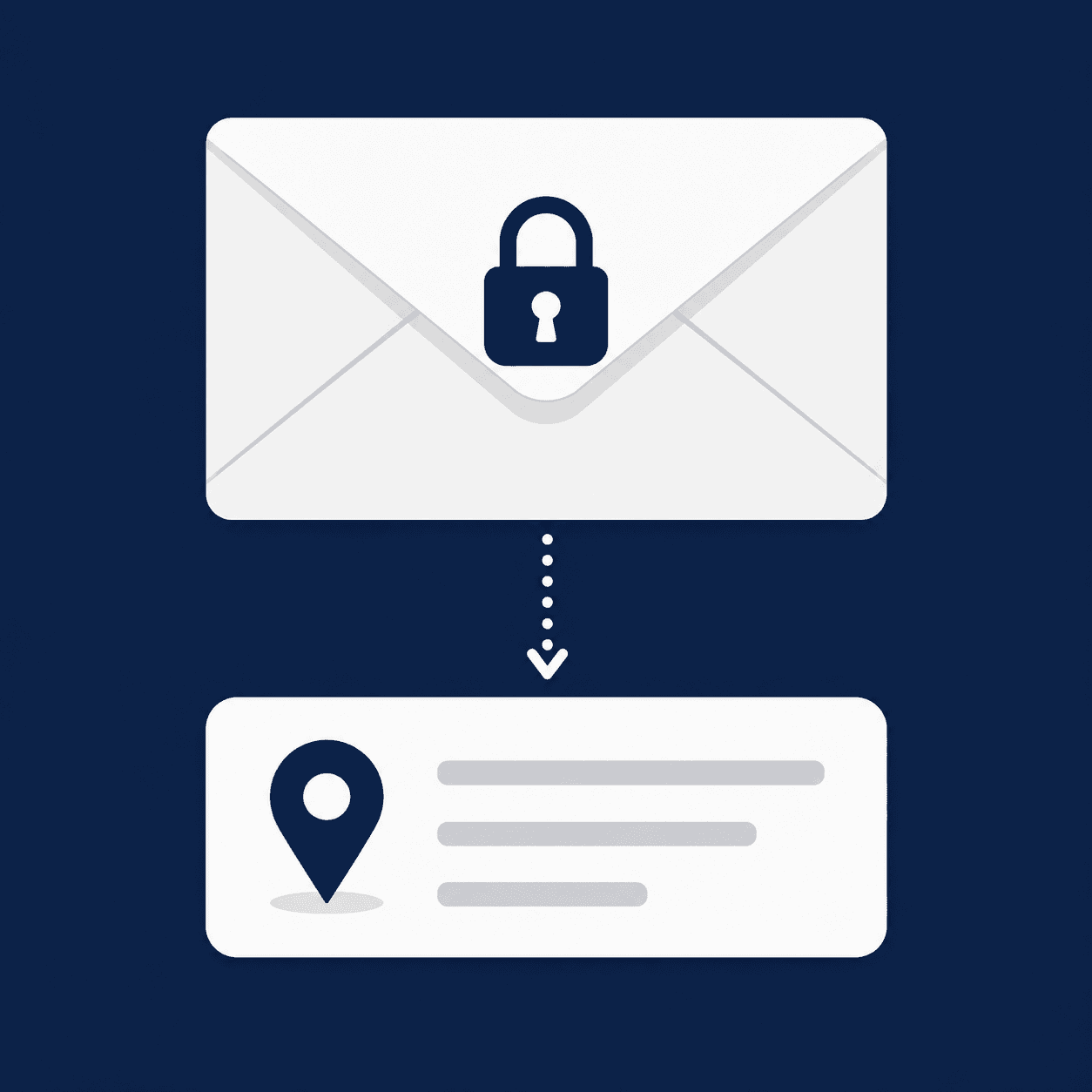 A locked envelope pointing down to an address card